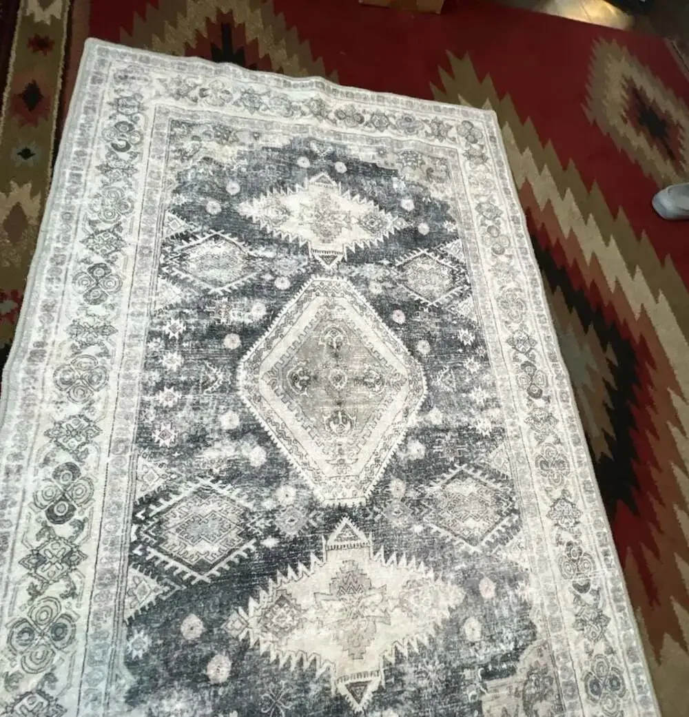 NOTASA Washable Boho Area Rug, Vintage Grey and White Oriental Patterned Floor C